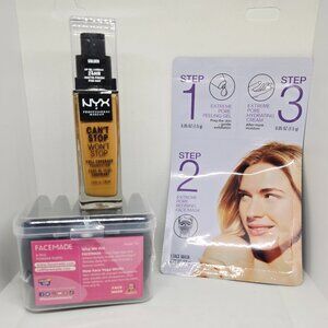 New Beauty Bundle NYX Foundation, Facemade 6 pc Powder Puffs & 3 Step Face Mask